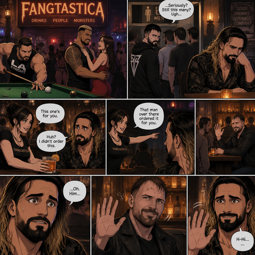 (Previously) Seth Rollins and his friends Finn Bálor,Solo Sikoa and LA knight arrived at a bar called “Fangtastica”,LA knight went to a pool table,Solo got approached by a young woman who invited him to dance with her,he accepted and got on the dance floor with her,Finn went to the men’s bathroom only to find that the line for it was too long and he was not happy about it,Seth sat alone at a bar table,A server gave him a drink he didn’t order for,The server pointed at a stranger (Jon Moxley) and told Seth that he ordered the drink for him. (And now part 2). Seth looked at the stranger. The stranger smiled and waved at Seth. Seth nervously waved back