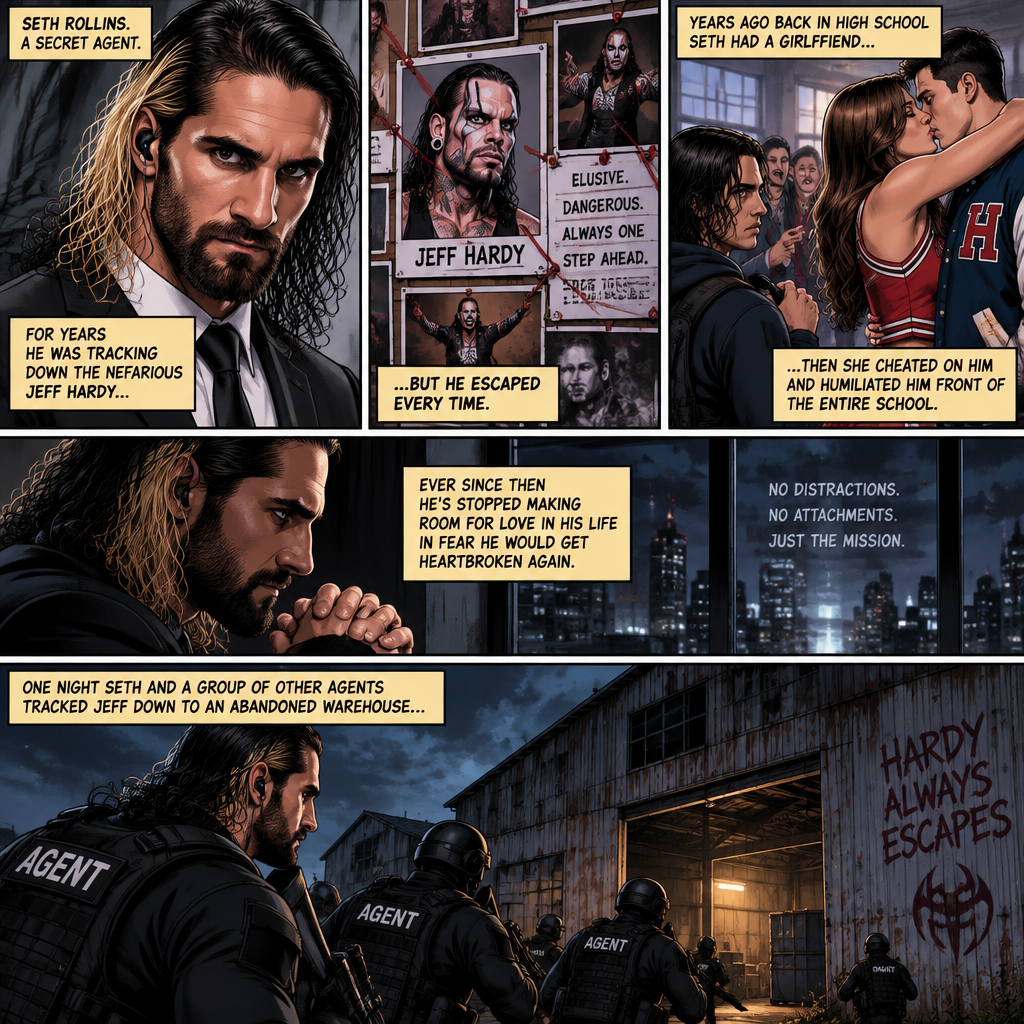 Seth Rollins is a secret agent,For years he was tracking down the nefarious Jeff Hardy…But he escaped every time. Years ago back in high school Seth had a girlfriend…then she cheated on him and humiliated him front of the entire school,Ever since then he’s stopped making room for love in his life In fear he would get heartbroken again. One night Seth and a group of other agents tracked Jeff down to an abandoned warehouse