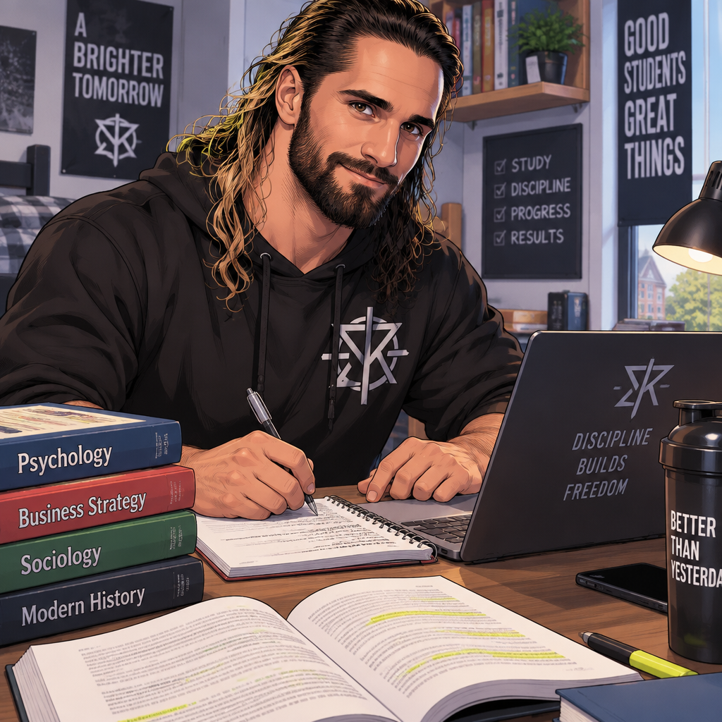 Seth Rollins is a college student.He spends his days studying.