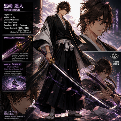 6 foot tall,165 weight,thin and toned, dark brown flowy hair , deep brown eyes man with a zanpoctō sword 