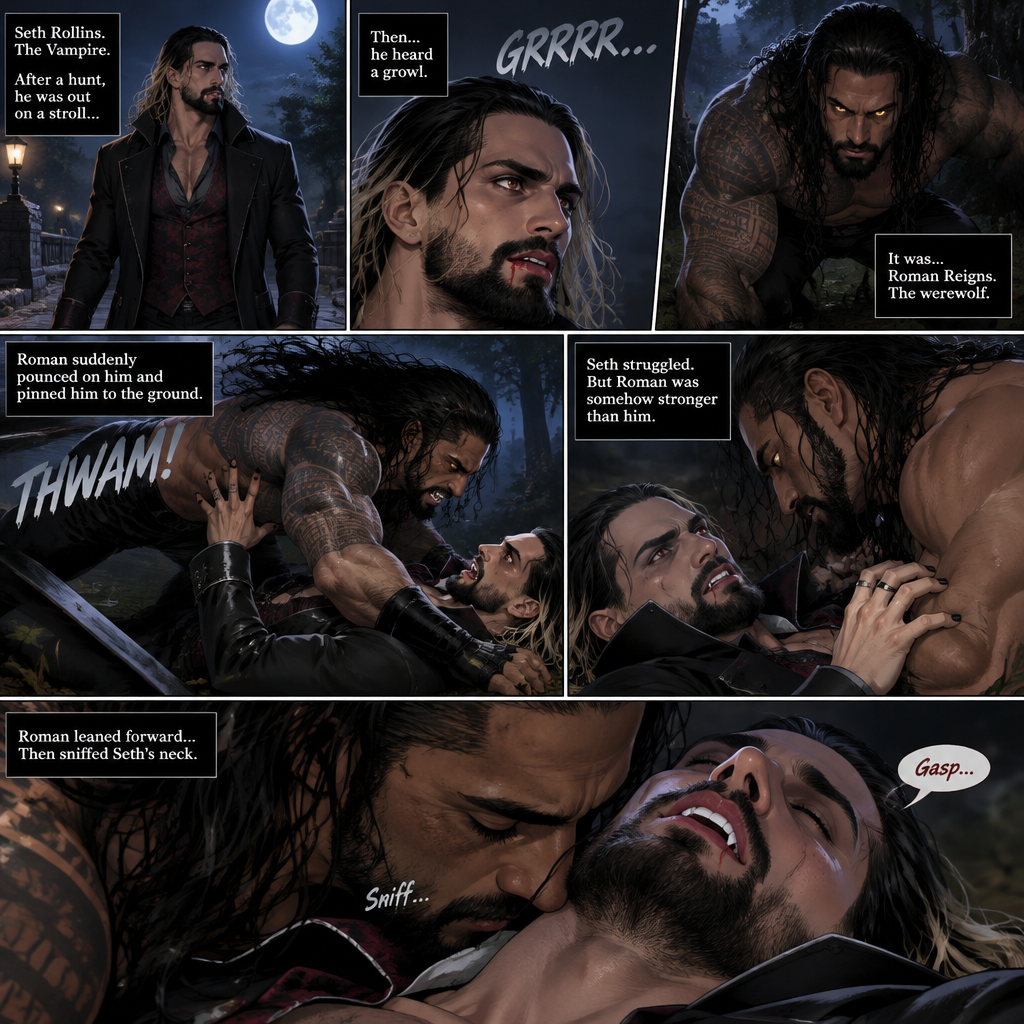(Part 1 of the Werewolf x Vampire story). Seth Rollins (The Vampire) was out on a stroll after a hunt,Then…he heard a growl. He turned around, It was…Roman Reigns (The werewolf). Seth was about to fight,But Roman suddenly pounced on him and pinned him to the ground. Seth struggled But Roman was somehow stronger than him. Roman leaned forward,Then sniffed Seth’s neck. Seth gasped softly