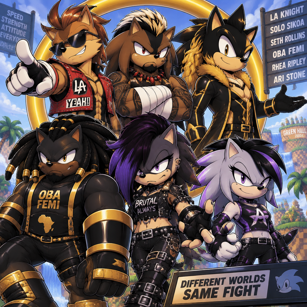 LA Knight,Solo Sikoa,Seth Rollins,Oba Femi,Rhea Ripley and Ari Stone (My wrestler oc) as Sonic the Hedgehog characters
