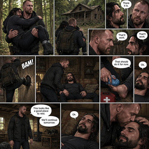 (Part 5). Still in the zombie apocalypse. Jon Moxley was walking in the woods while Holding Seth Rollins in his arms after emotional reunion near the river. Seth was resting his head on Jon’s shoulder while holding on. Jon looked ahead and he sees an abandoned Cabin. Seth Sees it too. Jon and Seth looked at each other,Then they looked back at the cabin. “That’ll work” Jon and Seth said in unison. Jon walked to the cabin,Then he kicked the door open and walked inside. He gently put Seth down on the couch. He reached into his bag and pulled out a first aid kit,He gently lifted Seth’s sprained ankle,He grabbed an ice pack from the first aid kit and gently puts it on Seth’s ankle. “That should do it for now” said Jon. Seth nodded. Jon looked at his surroundings. “This looks like a good place to rest” said Jon. “We’ll continue tomorrow” Jon continued. “Ok” said Seth. Jon gently kissed Seth on the forehead