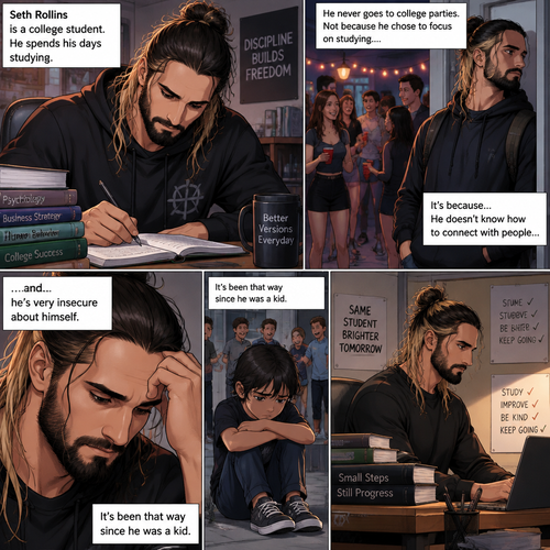 Seth Rollins is a college student. He spends his days studying,He never goes to college parties. Not because he chose to focus on studying….It’s because…He doesn’t know how to connect with people…and…he’s very insecure about himself. It’s been that way since he was a kid
