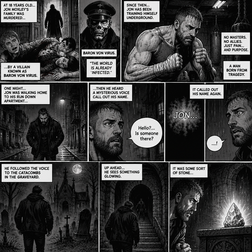 Jon Moxley as a vigilante born from tragedy. When he was 18 years old his family was murdered by a villain known as Baron Von Virus. Since then he had been training himself underground. One night he was walking home to his run down apartment…then he heard a mysterious voice call out his name. “Hello?…Is someone there?” Jon asked. It called out his name again. He followed the voice to the catacombs in the graveyard. Up ahead…He sees something glowing. It was some sort of stone