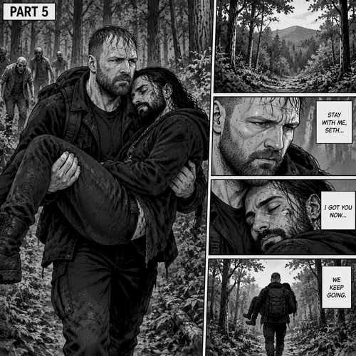 (Part 5). Still in the zombie apocalypse. Jon Moxley was walking in the woods while Holding Seth Rollins in his arms after their emotional reunion near the river