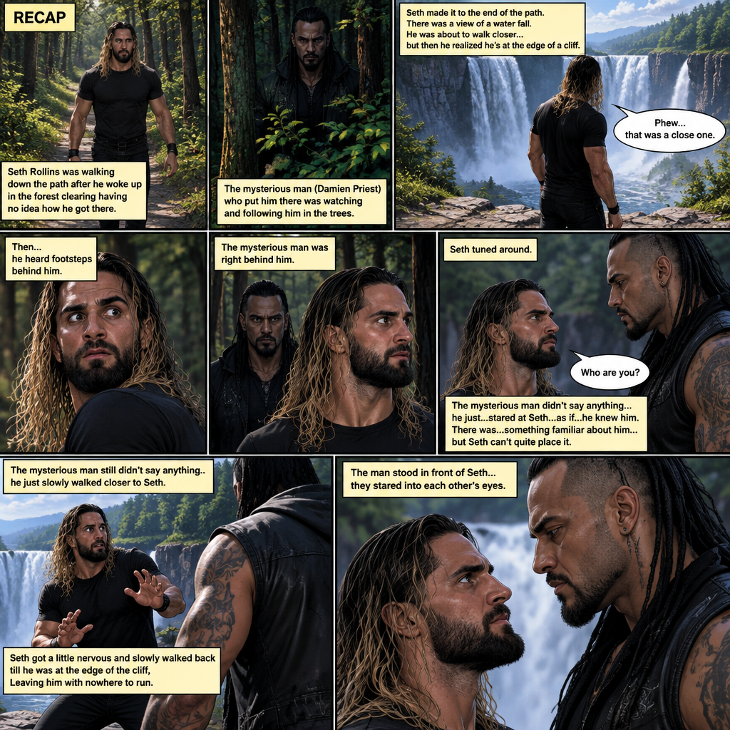 (Recap). Seth Rollins was walking down the path after he woke up In the forest clearing having no idea how he got there. The mysterious man (Damien Priest) who put him there was watching and following him in the trees. (And now part 3). Seth made it to the end of the path,there was a view of the a water fall. He was about to walk closer…but then he realized he’s at an edge of a cliff. “Phew…that was a close one” Seth said to himself,Then….he heard footsteps behind him. The mysterious man was right behind him. Seth tuned around. The mysterious man didn’t say anything…he just…stared at Seth…as if…he knew him. There was…something familiar about him…but Seth can’t quite place it. “Who are you?” Asked Seth. The mysterious man still didn’t say anything..he just slowly walked closer to Seth. Seth got a little nervous and slowly walked back till he was at the edge of the cliff,Leaving him with nowhere to run. The man Stood in front of Seth…they stared into each other’s eyes