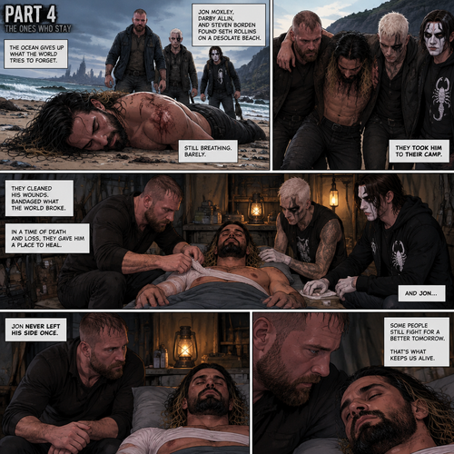 Part 4 of the apocalypse story.Seth Rollins was found unconscious and badly injured on a beach by Jon Moxley,Darby Allin and Steven Borden (Sting’s son).They took him to their camp and bandaged his wounds.Jon never left his side once