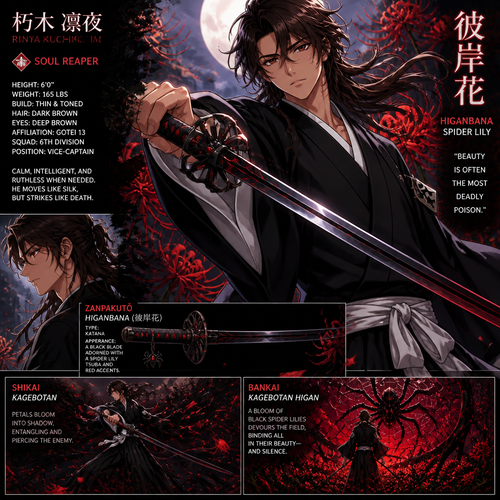 A 6 foot tall,165 weight,thin and toned, dark brown flowy hair , deep brown eyes soul reaper with a spider Lilly zanpoctō sword 