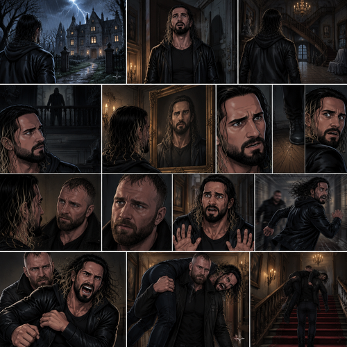 It was a dark and stormy night.Seth Rollins was lost in the woods,Then he found an abandoned mansion up ahead.Having no other options he went inside.He sighed heavily.He decided to look around,Little did he know…Someone was watching him in the darkness.He kept looking around,Then he noticed a painting of a man on the wall,He couldn’t help but notice…that the man in the painting…looked just like…him. “Why does he look just like…me?” Seth asked himself.Then…He heard the floor creak behind him,He turned around,A man (Jon Moxley) was standing right there.The man Looked at the painting and then he looked at Seth…..as if he….recognized him. “It’s you…You came back to me” The man said softly to Seth.Seth was confused. “Do I know you?” Seth asked.The man didn’t say anything else,He just simply walked slowly towards Seth.Seth got nervous and walked backwards slowly. “Wh-What are you doing?” Asked Seth. “G-Get back!” Said Seth.He then turned around and ran.The man then used some sort of super speed to catch up to Seth and grabbed him. “What the-?” Asked Seth. He struggled. “LET ME GO!!” Seth shouted.The man simply put Seth over his shoulder and walked to the staircase,Seth kept struggling…but it was no use
