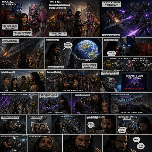 WWE Superstar Roman Reigns ends up on Cybertron as a child and ended up adopted by Optimus Prime and Elita-1.Years later Cybertron is falling apart,Elita-One stays behind while Roman,Optimus Prime and the other Autobots leave on the ark after an emotional goodbye.Then suddenly they get attacked by Megatron and the Decepticons.Then The Deceptions shoot the ark’s wing and Roman and Optimus and the other Autobots crash land on another planet.After A while Roman wake up and looks around and sees Optimus and the Autobots unconscious.Roman opens the Arks hatch and sees…That he’s on the one planet that he thought he would never return to…His home planet..Earth.Then Optimus wakes up.Roman explains to him that they’re on earth,Then bumblebee,Ratchet,Arcee,Jazz,Ironhide and wheel jack wakes up.Timeskip to 3 days later.They meet Three humans,Thier names are Jack,Miko and Raph.Timeskip to 2 years later.Roman and Optimus and the Autobots have been working along side Jack,Miko and Raph to protect earth from the Decepticons.Then Ratchet made a terrifying discovery…Megatron is using Dark energon.Then the base alarm went off.The Decepticons have found the Autobot base and were attacking them.Then a mysterious creature in a dark energon cyber suit attacks Roman.Roman manages to defeat him.The Decepticons realize they’re overwhelmed by the Autobots they retreat leaving the mysterious creature behind.Roman Carries the unconscious creature to Ratchet’s lab.As he puts him on the table an old picture falls out of his pocket.While ratchet Straps the unconscious mysterious creature to the table Roman looks at the photo.There’s two young boy on it,As Roman looked closely at the photo….He realizes that it’s him with a friend of his as kids, “No….It can’t be” said Roman. Optimus and Ratchet Noticed the look on his face, “Roman? What’s Wrong?” Asked Optimus. But Roman didn’t answer.He walked to the unconscious man,He takes off the Helmet…and sure enough…It was Seth Rollins (Roman and Seth are childhood friends in this story).Roman was shocked,Then tears stream down his face. “Seth..It is you” Roman said to him self