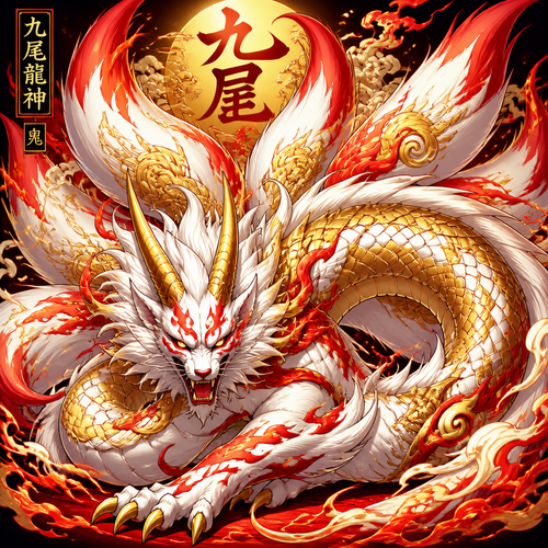 Oni Nine tail fox loung dragon fusion. Colors gold red white. Able to trace 