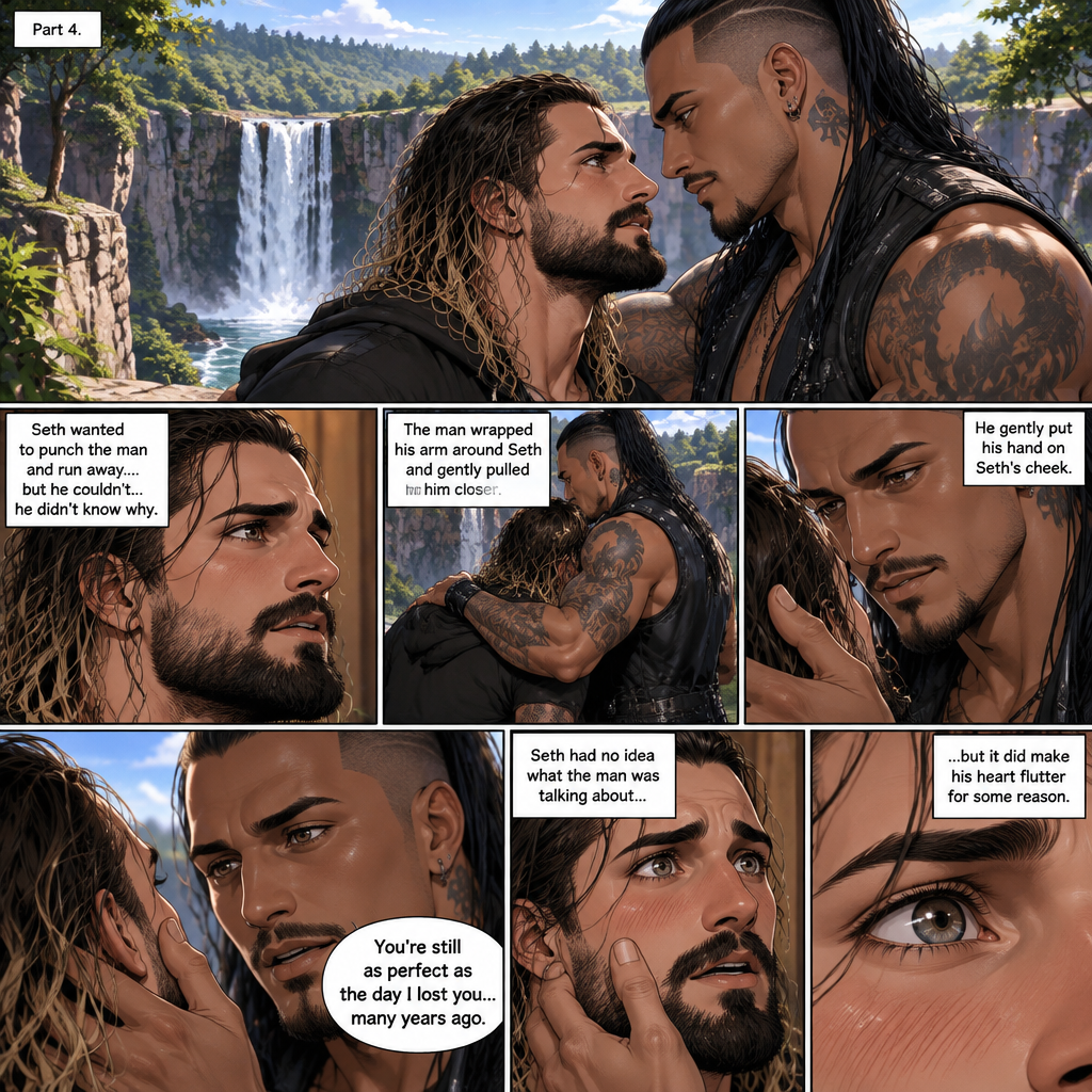 Part 4.Still at the cliff near the forest clearing with the waterfall view. Seth Rollins and the mysterious man (Damien priest) were staring into each other’s eyes. Seth wanted to punch the man and run away….but he couldn’t…he didn’t know why. The man wrapped his arm around Seth and gently pulled him closer. Seth was caught off guard. The man gently put his hand on Seth’s cheek. “You’re still as perfect as the day I lost you…many years ago” said the man. Seth had no idea what the man was talking about…but it did make his heart flutter for some reason