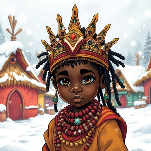 black king child in a snow village with african wariror mask and accessories