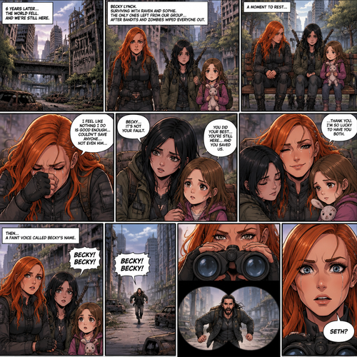 (Recap)It’s a zombie apocalypse,It’s been that way for 6 years,Becky lynch is surviving with two people,A teenager named Raven and a little girl named Sophie,They used to be part of a group…but they got wiped out by Bandits and Zombies,Becky,Raven and Sophie were the only ones that managed to escape.m,They’re currently walking in the city,They sat down on a bench to take a break,They were silent for a while,Then Becky started to cry,Raven and Sophie were concerned,Becky felt like nothing she did was good enough and that she couldn’t save anyone even the man she loved,Raven and Sophie were sad to see Becky like this,They reassured her,Becky smiled softly,They all hug each other. (And now part 2). Becky,Raven and Sophie were still sitting on the bench. Then…they heard a faint voice calling Becky’s name. They looked…and see a figure running towards them and calling Becky’s name in the distance. Becky grabbed her binoculars to see who it is. She couldn’t believe it…it was…The man she loved…the one who she thought she lost…Seth Rollins. Becky lowered her binoculars,her eyes widened in shock. “Seth?” Becky asked