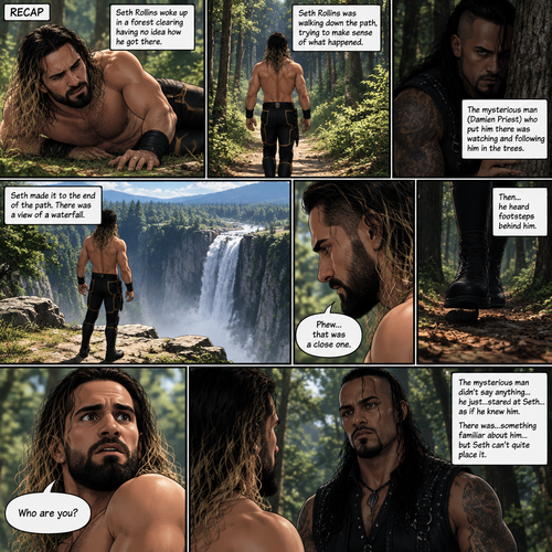 (Recap). Seth Rollins was walking down the path after he woke up In the forest clearing having no idea how he got there. The mysterious man (Damien Priest) who put him there was watching and following him in the trees. (And now part 3). Seth made it to the end of the path,there was a view of the a water fall. He was about to walk closer…but then he realized he’s at an edge of a cliff. “Phew…that was a close one” Seth said to himself,Then….he heard footsteps behind him. The mysterious man was right behind him. Seth tuned around. The mysterious man didn’t say anything…he just…stared at Seth…as if…he knew him. There was…something familiar about him…but Seth can’t quite place it. “Who are you?” Asked Seth