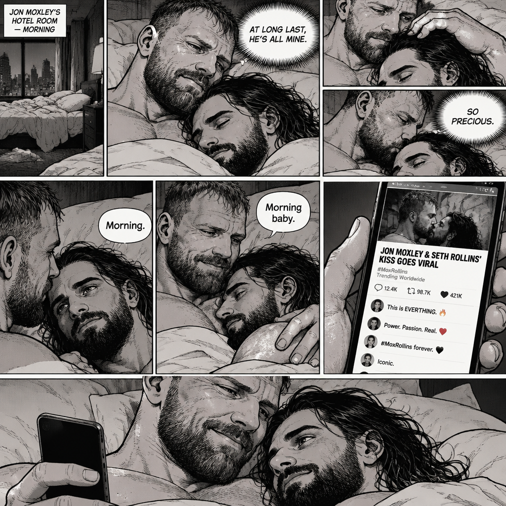 (Part 3). Still in Jon Moxley’s hotel room. Jon Moxley and Seth Rollins were asleep after last night’s activity. Jon slowly woke up,he looked down at Seth who was still asleep. Jon smiled,then he gently stroked Seth’s head. “At long last,He’s all mine” Jon thought to himself. He gently kissed Seth’s forehead. Seth hummed softly in his sleep. “So precious” Jon thought to himself. Seth slowly woke up. “Morning baby” Jon said softly. “Morning” Seth said softly. Jon gently pulled Seth closer to him. Jon picked up his phone. That kiss with Seth from last night went viral. Jon looked at Seth and smiled