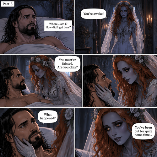(Part 3 of the corpse bride,Seth x Becky style). Still in the strange bedroom,Seth Rollins was still confused as to how he got there after he woke up. Then the undead woman in a wedding dress (Becky Lynch) walks in. “You’re awake!” Said the undead Bride. She walked towards the bed. “You must’ve fainted,Are you okay?” The undead Bride asked. She gently placed her hand on his cheek. “What happened?” Seth asked. “You’ve been out for quite 