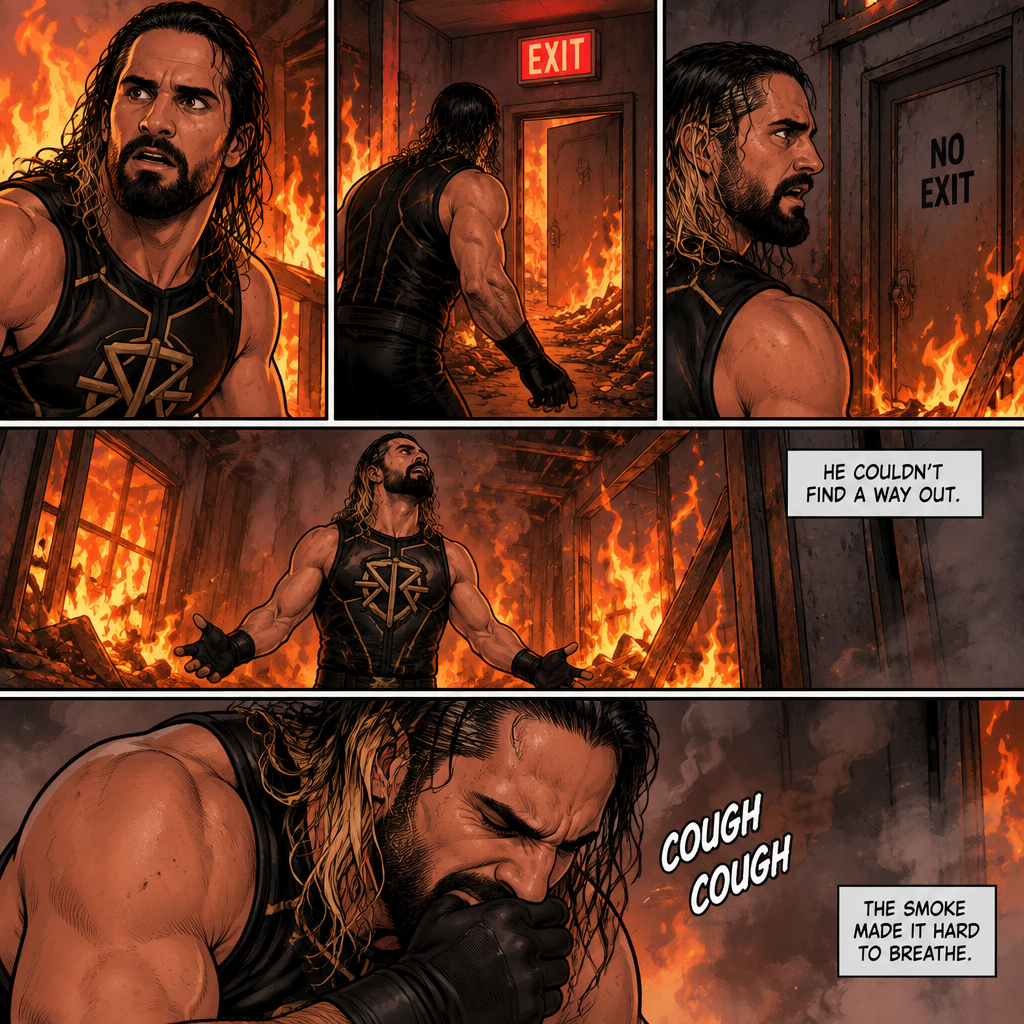 Seth Rollins is in a burning building,He tries to find a way out,he couldn’t find a way out. He was coughing