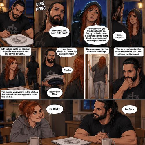 It was a rainy night outside,Seth Rollins was alone in his house,He drawing a picture of the moon on his notebook.Then the doorbell rang. “Who could that be in THIS hour?” Seth  asked himself. He got up and opened the door,A young Irish woman (Becky Lynch) was standing outside on his porch soaking wet from the rain wearing a hood. “Sorry to bother you this late at night sir,But my car broke down in the middle of the night,Can I come inside and borrow your phone?” Asked the woman.Seth looked at the woman,There was this…aura about her that he couldn’t quite explain.He decided to let her in. “Sure..come in” said Seth.The woman walked in and Seth shut the door.He walked out to his bedroom to get the woman some nice dry clothes to wear,The woman was waiting in the kitchen,She noticed the drawing on the table.She smiled.Seth came back and handed her the clothes. “Thanks” said the Woman. “No problem Miss” Said Seth.The woman went to the bathroom to change. “There’s something familiar about that woman,But I can’t quite put my finger on it” Seth said to himself.After a while she came out wearing the clothes.She sat down at the table with him.”I’m Becky” Said Becky. “I’m Seth” Said Seth