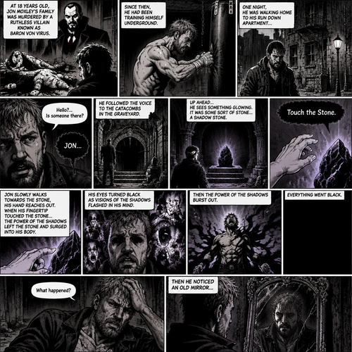 Jon Moxley as a vigilante born from tragedy. When he was 18 years old his family was murdered by a villain known as Baron Von Virus. Since then he had been training himself underground. One night he was walking home to his run down apartment…then he heard a mysterious voice call out his name. “Hello?…Is someone there?” Jon asked. It called out his name again. He followed the voice to the catacombs in the graveyard. Up ahead…He sees something glowing. It was some sort of stone…a shadow stone. Then the voice repeats “Touch the Stone”. Jon slowly walks towards the stone,His hand reaches out. When his fingertip touched the stone…the power of the shadows left the stone and surged into His body. His eyes turned black as visions of the shadows flashed in his mind. Then the power of the shadows burst out. Everything went black. After a while,Jon opened his eyes. “What happened?” Jon asked himself. Then he noticed an old mirror 