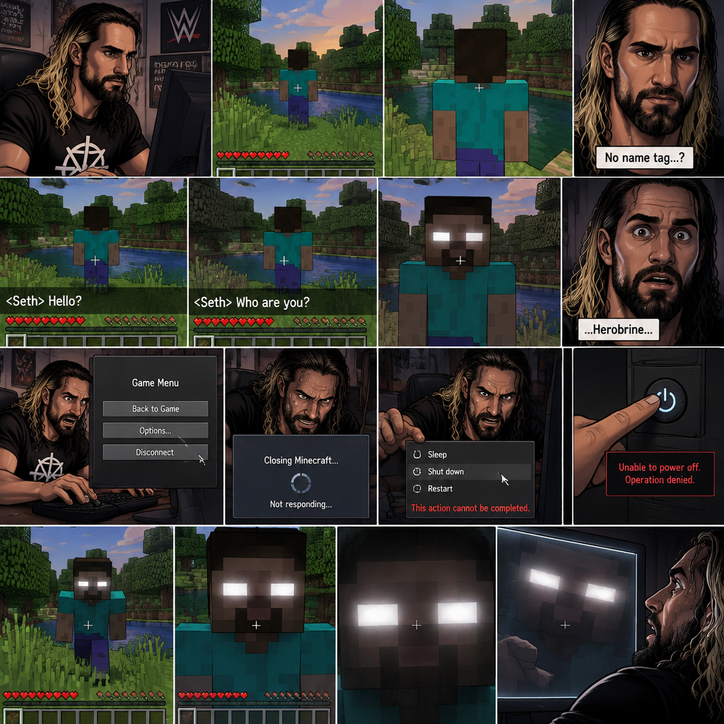 Seth Rollins was playing Minecraft alone on his computer,Then he noticed something. There was a player with a default skin,His back faced Seth. The strange part about it…was there was no name tag above the player. Seth was getting suspicious. He moved his character to the player,Then he typed in the chat bar “Hello?”. The player didn’t respond. Seth typed in the chat bar again “Who are you?”. The player slowly turned around….it wasn’t a player at all….It was Herobrine. Seth was spooked,He’s heard the legend of Herobrine before. He tried to exit the server…But it wasn’t working,He tried to close the game…but it wasn’t working either. Herobrine kept staring at Seth. Seth tried to turn off the computer….but it won’t turn off. Then…Herobrine slowly moved closer to the screen