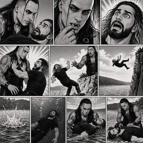 Part 6.Seth Rollins got scared after discovering that the mysterious man (WWE superstar Damien Priest) is a day walker vampire. Seth shoved the man off him…which caused Seth to Stumble and fall off the cliff backwards,Then he hit the water and lost consciousness after. The man was horrified and dived into the water to save Seth,He managed to reach him. He then swam up to the shore with Seth in his arms,He gently put Seth down on the shore