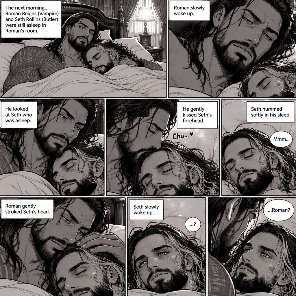 (Part 3 of the Vampire x Butler story). The next morning,Roman Reigns (Vampire) and Seth Rollins (Butler) were still asleep in Roman’s room. Roman slowly woke up. He looked at Seth who was asleep. He gently kissed Seth’s forehead. Seth hummed softly in his sleep. Roman gently stroked Seth’s head. Seth slowly woke up