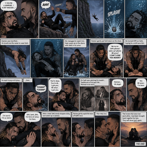 Part 6.Seth Rollins got scared after discovering that the mysterious man (WWE superstar Damien Priest) is a day walker vampire. Seth shoved the man off him…which caused Seth to Stumble and fall off the cliff backwards,Then he hit the water and lost consciousness after. The man was horrified and dived into the water to save Seth,He managed to reach him. He then swam up to the shore with Seth in his arms,He gently put Seth down on the shore. The man panicked,He thought he was gonna lose Seth..again. “No no no Seth please! wake up!please Mi amor! I CAN’T LOSE YOU AGAIN!!!” Said the man. The man then started CPR on Seth hoping he could save him. He kept trying and trying…then…Seth Spat out water and coughed. The man was very relieved,He gently pulled Seth in his embrace while Seth was catching his breath. “You’re okay,You’re ok..I got you,Mi amor..I got you” The man Said softly. As Seth was catching his breath…Flashbacks…of his past life…flashed in his mind. After a while Seth looked up at….The love of his past life..and said his name “Damien…Mi ángel”. Damien was happy that Seth remembered him at long last.,He gently stroked his cheek. “Yes Mi amor..I’m here” Damien said softly. Seth hugged and Damien and cried. “I’m sorry! I’m so sorry!” Seth said through his tears. Damien hugged Seth back and tried to comfort him. “Shh,Seth,Shh,I’m here mi amor,I’m here” Damien said softly. Damien gently rubbed Seth’s back while Seth cried. After a while Seth slowly stopped crying and looked up at Damien. Damien gently wiped the tears off Seth’s face,Then they kiss. The lovers that once lost each other…had been brought back together by fate,They will never part again. (The end)