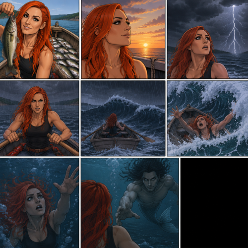 Becky Lynch is in a fishing boat,She had a long day of fishing. She caught a lot of fish (she released them after). She was about to head back to shore….then suddenly…thunder. She started to row back…then the waves started to rise,Then heavy rain. Becky kept trying to row back to shore,Then….A giant wave came crashing down on Becky’s boat. She started sinking in the ocean. A mysterious creature (Merman) was swimming towards her…and then….Everything. Went. Black