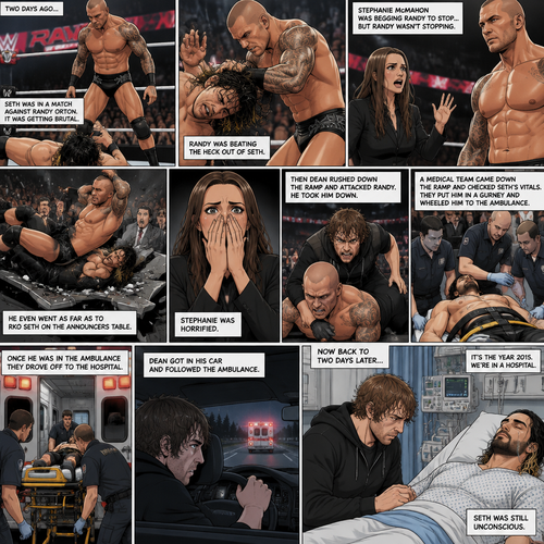 It’s the year 2015,We’re in a hospital. Seth Rollins was lying in a hospital bed unconscious. Dean Ambrose was sitting by his side and holding his hand. (What happened to Seth you ask? Well…let’s rewind to two days ago). Seth was in a match against Randy Orton. It was getting brutal. Randy was beating the heck out of Seth. Stephanie McMahon was begging Randy to stop…but Randy wasn’t stopping. He even went as far as to Rko Seth on the announcers table. Stephanie was horrified. Seth was out cold. Then Dean rushed down the ramp and attacked Randy. He took him down. A medical team came down the ramp and checked Seth’s vitals. They put him in a gurney and wheeled him to the ambulance. Once he was in the ambulance they drove off to the hospital. Dean got in his car and followed the ambulance. (Now back to two days later). Seth was still unconscious