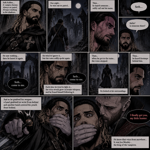 Seth Rollins is a vampire hunter,One night he was out on patrol…then….he heard someone…softly call out his name. “Hello?,Is someone there?” Seth called out. He saw nothing….then he heard it again,He tried to ignore it…but the voice softly spoke again “Seth…come to me”. He couldn’t ignore it anymore,he followed the voice. Each time he tried to fight it…the voice would grow in loud whispers,Then….when he got to the ruins…the voice stopped. He looked at his surroundings,Then…he heard footsteps behind him. Just as he grabbed his weapon…a hand grabbed his wrist from behind and another hand covered his mouth from behind. The voice whispered in his ear “I finally got you,my little hunter”. He knew that voice from anywhere….It was Jon Moxley the king of the vampires