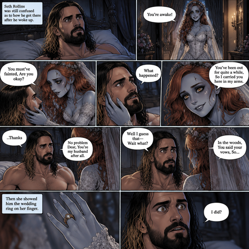 (Part 3 of the corpse bride,Seth x Becky style). Still in the strange bedroom,Seth Rollins was still confused as to how he got there after he woke up. Then the undead woman in a wedding dress (Becky Lynch) walks in. “You’re awake!” Said the undead Bride. She walked towards the bed. “You must’ve fainted,Are you okay?” The undead Bride asked. She gently placed her hand on his cheek. “What happened?” Seth asked. “You’ve been out for quite a while,So I carried you here in my arms” Said the undead bride. Seth slowly sat up. “..Thanks” Said Seth “No problem Dear,You’re my husband after all” Said the undead bride. “Well I guess that-Wait what?” Said Seth. “In the woods,You said your vows,So…” said the Undead bride. Then she showed him the wedding ring on her finger. “I did?” Asked Seth