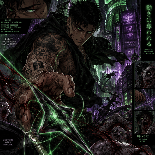 Generate image of my character that is based off of the show JJK, I want the image of him in battle,my characters name is Zaire he is a mix of human and Sumerion, he is male 6 foot 8 inches, dark short black hair, nice tan skin, has tattoos, captivating green eyes, toned body, his curse tool is a ninja star that strips away, kinetic momentum of target, his cursed technique is vector siphon, and his reversal technique is Vector Injection (or Surge / Discharge), his power energy is green, I want to be able to see his arm and some of his chest that are covered in tattoos, I also want him to have a scar going across his left eye, and I want the image gory
Use colors green purple black