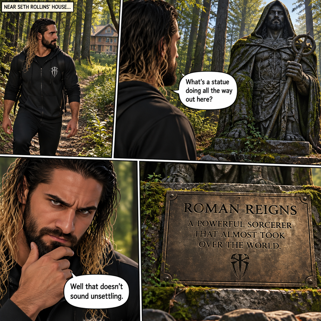 Seth Rollins was walking in the woods near his house,Then…he discovered an old statue Of a man in a cloak (Roman Reigns). “What’s a statue doing all the way out here?” Seth asked himself. He looks at the nameplate “Roman Reigns,A powerful sorcerer that almost took over the world”. “Well that doesn’t sound unsettling” Seth said to himself sarcastically