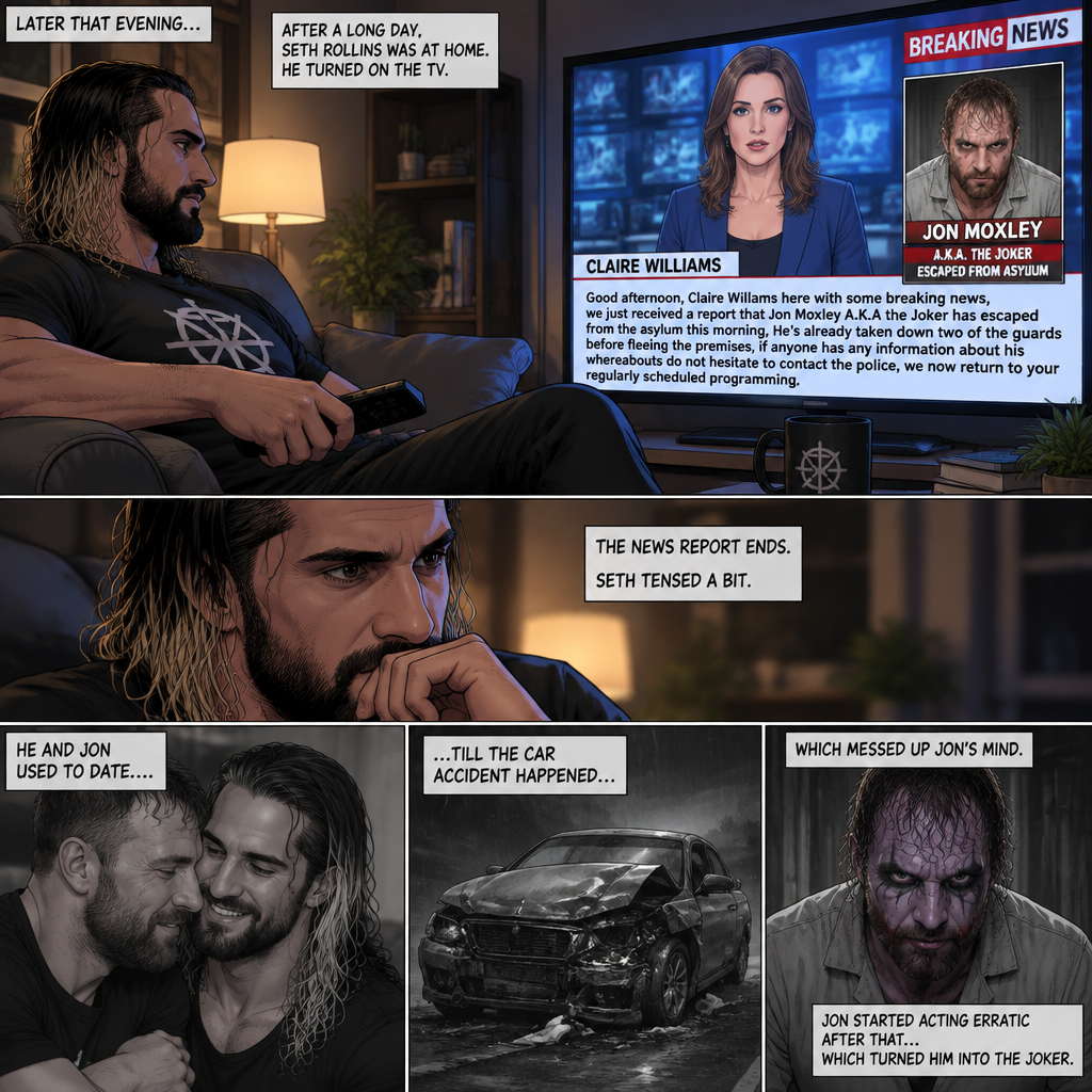 Seth Rollins was at home after a long day. He turned on the tv,A news report came on. “Good afternoon,Claire Williams here with some breaking news,we just received a report that Jon Moxley A.K.A the joker has escaped from the asylum this morning,He’s already taken down two of the guards before fleeing the premises,if anyone has any information about his whereabouts do not hesitate to contact the police,we now return to your regularly scheduled programming” said the reporter. The news report ends. Seth tensed a bit. He and Jon used to date….till the car accident happened…which messed up Jon’s mind. Jon started acting erratic after that…witch turned him into the Joker