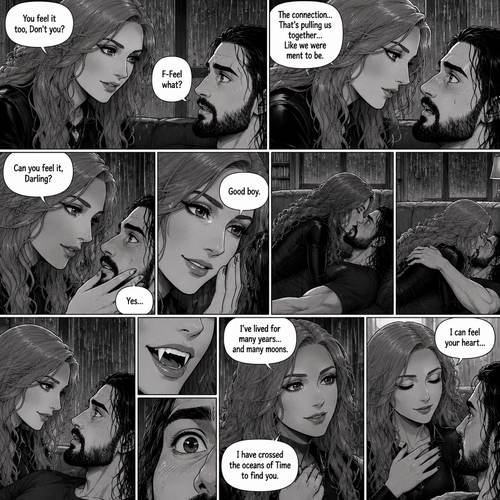 Part 2.The setting is still at Seth Rollins’s house,It’s still raining outside.”You feel it too,Don’t you” Asked Becky Lynch. “F-Feel what?” Asked Seth Rollins nervously.Becky gets closer to Seth. “The connection…That’s pulling us together…Like we were ment to be” Becky said softly.Seth’s heart fluttered.Becky can hear it,She gently puts her hand on his cheek and leaned towards him. “Can you feel it,Darling?” Becky Asked Softly.Something about her voice made Seth unable to resist her. “Yes” Seth whispers. “Good boy” Becky whispers.Their lips connect softly,Becky gently pushes Seth on his back on the couch while they kiss.They eventually pull away and look at each other.Becky smiles gently at him,That’s when….Seth Notices vampire fangs in her teeth,He was bewildered…But not scared. “I’ve lived for many years…and many moons” Becky said softly. “I have crossed the oceans of Time to find you” Becky said softly.Seth’s heart fluttered again,Becky heard it,She gently puts her hand on her chest to feel it