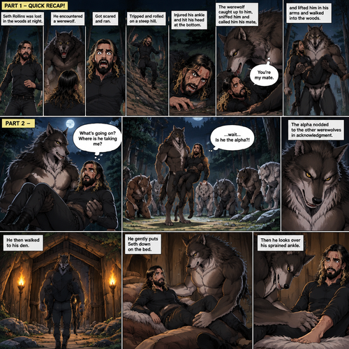 (Quick Recap!) Seth Rollins was lost in the woods at night,he encountered a werewolf,got scared and ran,tripped and rolled on a steep hill,Injured his ankle and hit his head at the bottom,werewolf caught up to him,sniffed him and called him his mate,lifted him in his arms and walked into the woods. (Now onto part 2 of the werewolf x human story!).The werewolf was walking in the woods while holding Seth in his arms.Seth was confused as to what’s going on.They arrived at a clearing where the other werewolves were,They bowed to the werewolf holding Seth. “…wait….is he the alpha?!” Seth said in his mind.The alpha werewolf nodded to the other werewolves in acknowledgment,he the walked to his den.He gently puts Seth down on the bed,then he looks over his sprained ankle