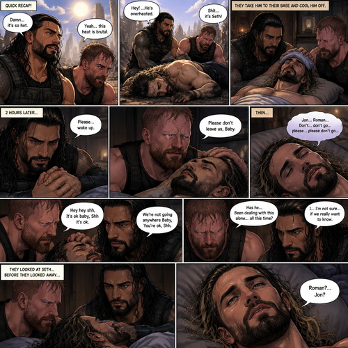 (Quick recap!) Roman reigns and Jon Moxley are in a post apocalypse,They complained about the heat,They see a man passing out because he got over heated,Turned out to be Seth Rollins (The love of their lives btw),They take him to their base and cool them off. (Now onto part 2!).2 hours have passed,Seth was still unconscious,Roman and Jon never left his side.Roman Gently held Seth’s hand. “Please…wake up” Roman pleaded softly.Jon gently stroked Seth’s head.”Please don’t leave us,Baby” Jon pleaded softly.Then….They heard Seth subconsciously speaking their names “Jon…Roman”. “Don’t…don’t go…please…please don’t go” Seth Said in his subconscious.He was having a nightmare. “Hey hey shh,It’s ok baby,Shh it’s ok” Jon said softly. “We’re not going anywhere Baby,You’re ok,Shh” Roman said softly. Seth’s body slowly relaxed.It broke their hearts to see Seth like that.Jon’s voice cracked a little while he spoke. “Has he…Been dealing with this alone…all this time?” Asked Jon.Roman couldn’t even bear the thought of it. “I…I’m not sure…if we really want to know” said Roman.They looked at Seth..Before they looked away…Seth’s eyes slowly opened,He spoke softly “Roman?…Jon?”