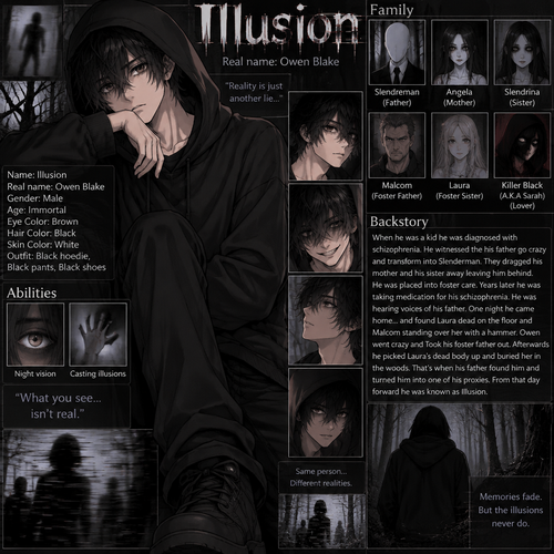 Creepypasta oc info card Illusion
 
Real name:Owen Blake
Gender:Male
Age:Immortal
Eye Color:Brown 
Hair Color:Black
Skin color:White
Outfit:Black hoodie,Black pants,Black shoes
Family: Slenderman (Father) Angela (Mother) Slendrina (Sister) Malcom (Foster Father) Laura (Foster Sister) Killer Black (A.K.A Sarah) (Lover)
Abilities:Night vision,Casting illusions
Backstory:When he was a kid he was diagnosed with schizophrenia. He witnessed the his father go crazy and transform into Slenderman. They dragged his mother and his sister away leaving him behind. He was placed into foster care. Years later he was taking medication for his schizophrenia. He was hearing voices of his father.One night he came home…and found Laura dead on the floor and Malcom standing over her with a hammer. Owen went crazy and Took his foster father out. Afterwards he picked Laura’s dead body up and buried her in the woods. That’s when his father found him and turned him into one of his proxies. From that day forward he was known as illusion