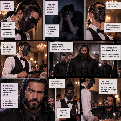 Seth Rollins is a waiter at a fancy restaurant,He’s wearing a mask that covers his face. The reason for that is heartbreaking. All his life he was told he was ugly and no one will love him. He was even too afraid to look at mirrors. He believed those words all those years. He hopes that one day…he’ll meet someone who would love him for him. One night he was working at the restaurant as usual…then suddenly….a group of men walked in the restaurant,One amongst them…was Roman Reigns,One the most feared Mafia bosses in the city