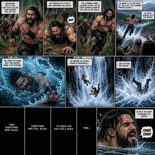 (Recap) Seth Rollins was running from a zombie horde in the woods after getting abandoned and left to die by his own group,He tripped on a rock and sprained his ankle,The zombies were gaining on him so he kept running despite the pain in his ankle,He made it to the edge of the cliff,The zombies were closing in,So Seth jumped into the rapids,He tried to swim but the rapids were too strong,He ended up going down a waterfall and hitting the water,Then everything went black. (And now part 2). Everything was still black. It’s been like that for a while,Then…..He felt his body coughing out water