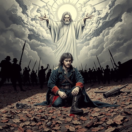 A bloody American ancient soldier bowing down to God