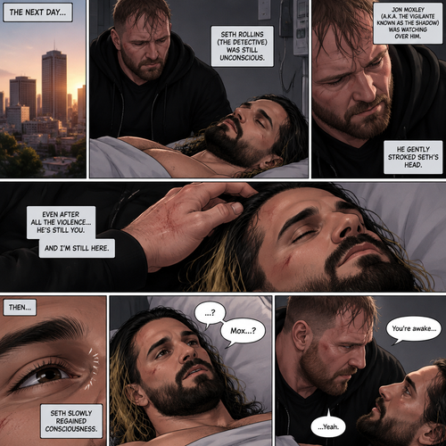 (Part 2 of the Vigilante x detective story). The next day,Seth Rollins (The detective) was still unconscious. Jon Moxley (A.K.A The vigilante known as the shadow) was watching over him. He gently stroked Seth’s head. Then…Seth slowly regained consciousness