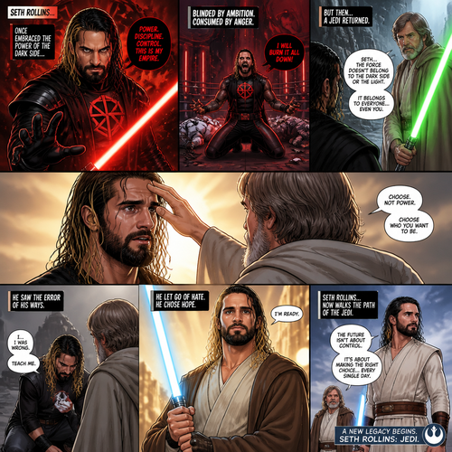 WWE superstar Seth Rollins as a Sith Lord but then thanks to Luke Skywalker he learns the error of his ways and becomes a Jedi