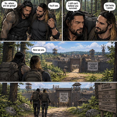 (Part 2 of the Zombie Apocalypse story). Still in the woods,Still far away from the zombies. Roman Reigns was still limping from the sprained ankle and Seth Rollins was helping him walk. It had been 4 hours since they reunited. “So…where are we going?” Roman asked. “You’ll see” said Seth. “I still can’t believe you survived” Said Roman. “Got lucky i guess” said Seth. They kept walking till they spotted a community like town up a head. “Here we are” Said Seth. They walked towards it
