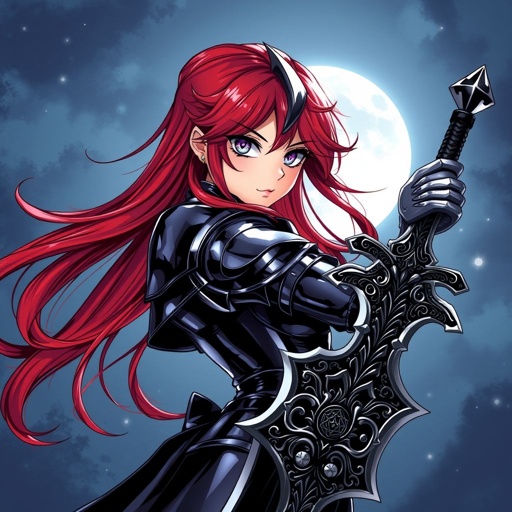 A young female knight with pitch black armor and long red hair and purple eyes with a black sword on her hip
