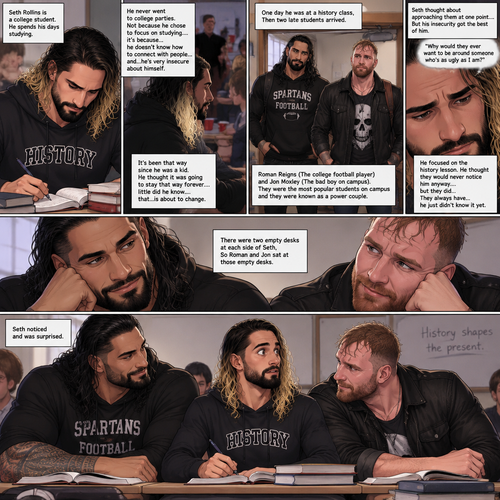 Seth Rollins is a college student. He spends his days studying,He never went to college parties. Not because he chose to focus on studying….it’s because…he doesn’t know how to connect with people…and…he’s very insecure about himself. It’s been that way since he was a kid. He thought it was going to stay that way forever….little did he know….that…is about to change. One day he was at a history class,Then two late students arrived. Roman Reigns (The college football player) and Jon Moxley (The bad boy on campus). They were the most popular students on campus and they were known as a power couple. Seth thought about approaching them at one point….But his insecurity got the best of him. “Why would they ever want to be around someone who’s as ugly as I am?” Seth thought to himself. He focused on the history lesson. He thought they would never notice him anyway….but they did…They always have…he just didn’t know it yet. There were two empty desks at each side of Seth,So Roman and Jon sat at those empty desks. Seth noticed and was surprised.