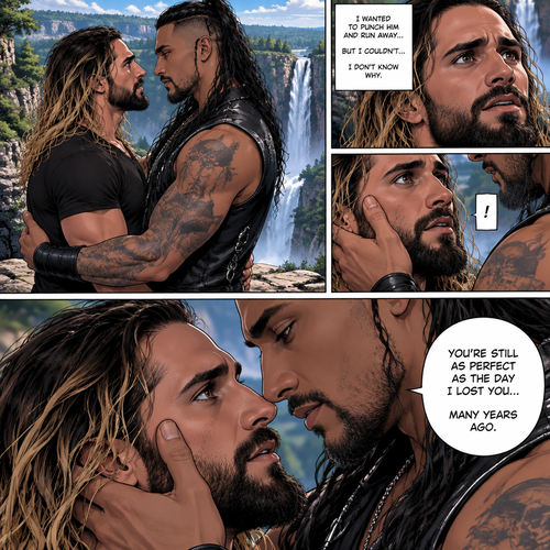 Part 4.Still at the cliff near the forest clearing with the waterfall view. Seth Rollins and the mysterious man (Damien priest) were staring into each other’s eyes. Seth wanted to punch the man and run away….but he couldn’t…he didn’t know why. The man wrapped his arm around Seth and gently pulled him closer. Seth was caught off guard. The man gently put his hand on Seth’s cheek. “You’re still as perfect as the day I lost you…many years ago” said the man
