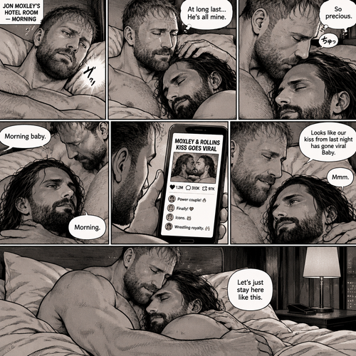 (Part 3). Still in Jon Moxley’s hotel room. Jon Moxley and Seth Rollins were asleep after last night’s activity. Jon slowly woke up,he looked down at Seth who was still asleep. Jon smiled,then he gently stroked Seth’s head. “At long last,He’s all mine” Jon thought to himself. He gently kissed Seth’s forehead. Seth hummed softly in his sleep. “So precious” Jon thought to himself. Seth slowly woke up. “Morning baby” Jon said softly. “Morning” Seth said softly. Jon gently pulled Seth closer to him. Jon picked up his phone. That kiss with Seth from last night went viral. Jon looked at Seth and smiled. “Looks like our kiss from last night has gone viral Baby” Jon said Softly. Seth hummed softly. Jon puts his phone back on the nightstand. “Let’s just stay here like this” Seth said Softly